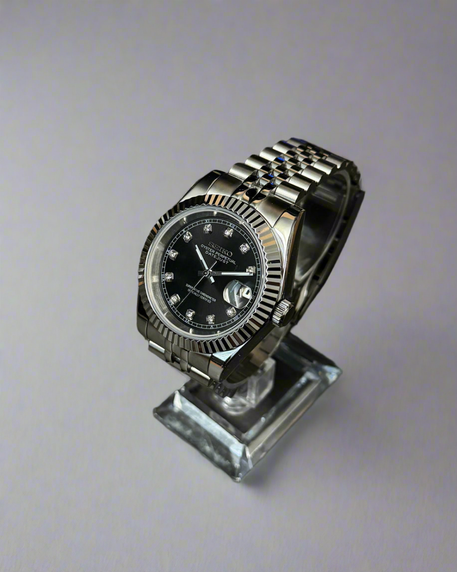 Seiko Mod Seikojust Black Diamond Dial Auto | Sapphire | Bezel canelat Jubilee | NH35