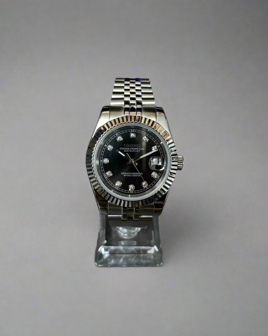 Seiko Mod Seikojust Black Diamond Dial Auto | Sapphire | Bezel canelat Jubilee | NH35