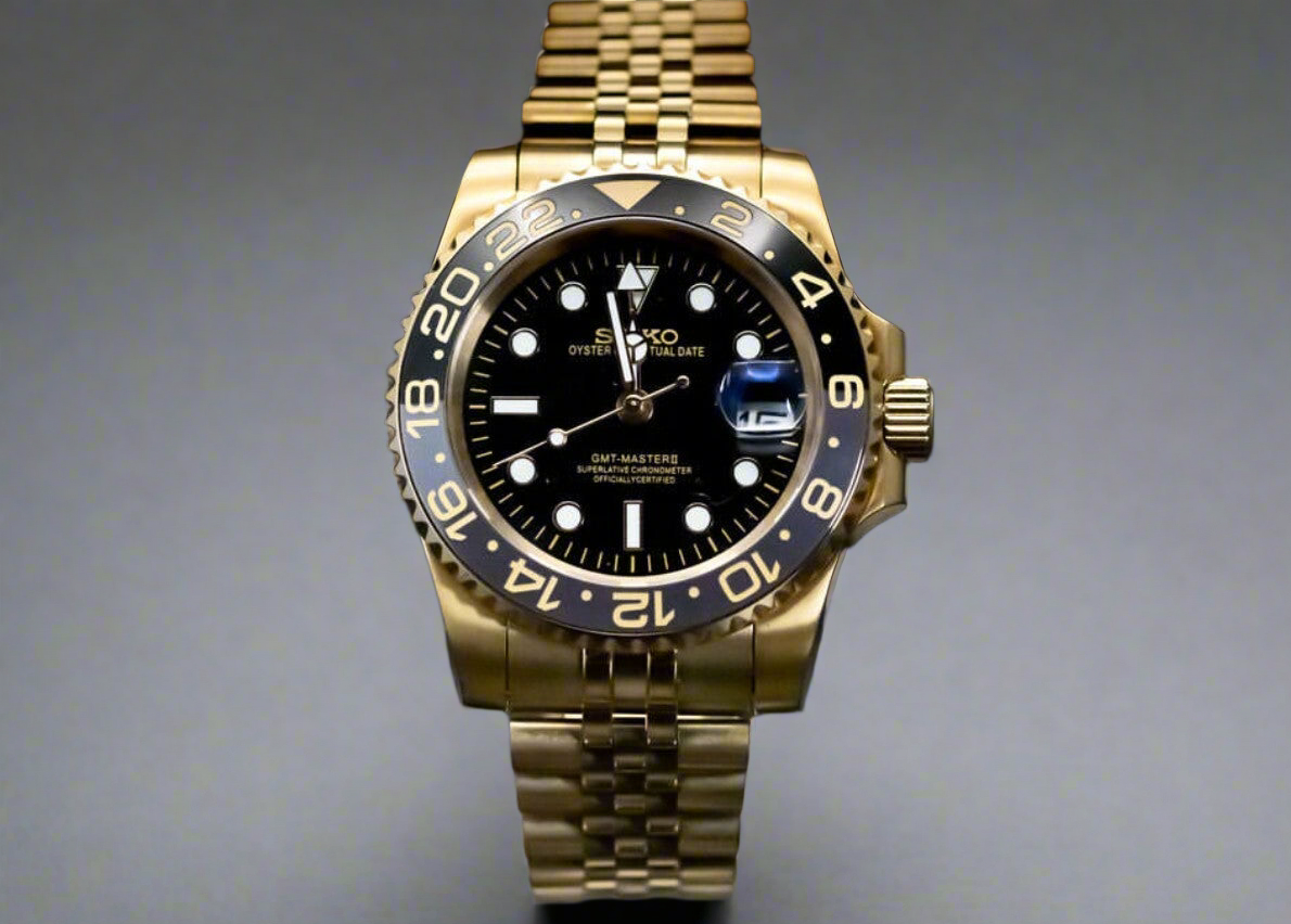 Seiko Mod GMTEIKO Gold Ceramic Bezel GMT Aut | Sapphire | Jubilee