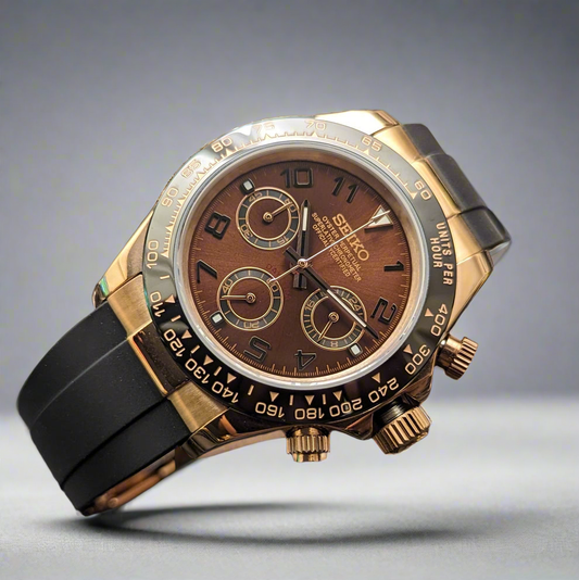 Seiko Mod Daytona Style Chrono | Aur roz | Cadran maro | Safir | VK63