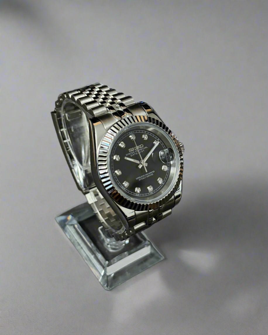 Seiko Mod Seikojust Black Diamond Dial Auto | Sapphire | Bezel canelat Jubilee | NH35