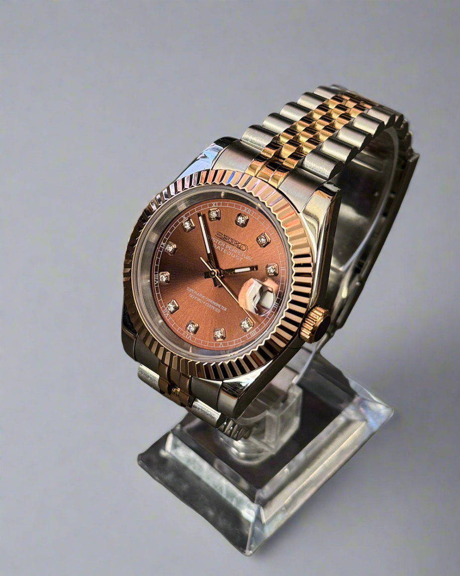 Seiko Mod Seikojust Chocolate Sunburst Dial Auto | Sapphire | Jubilee în două culori | NH35