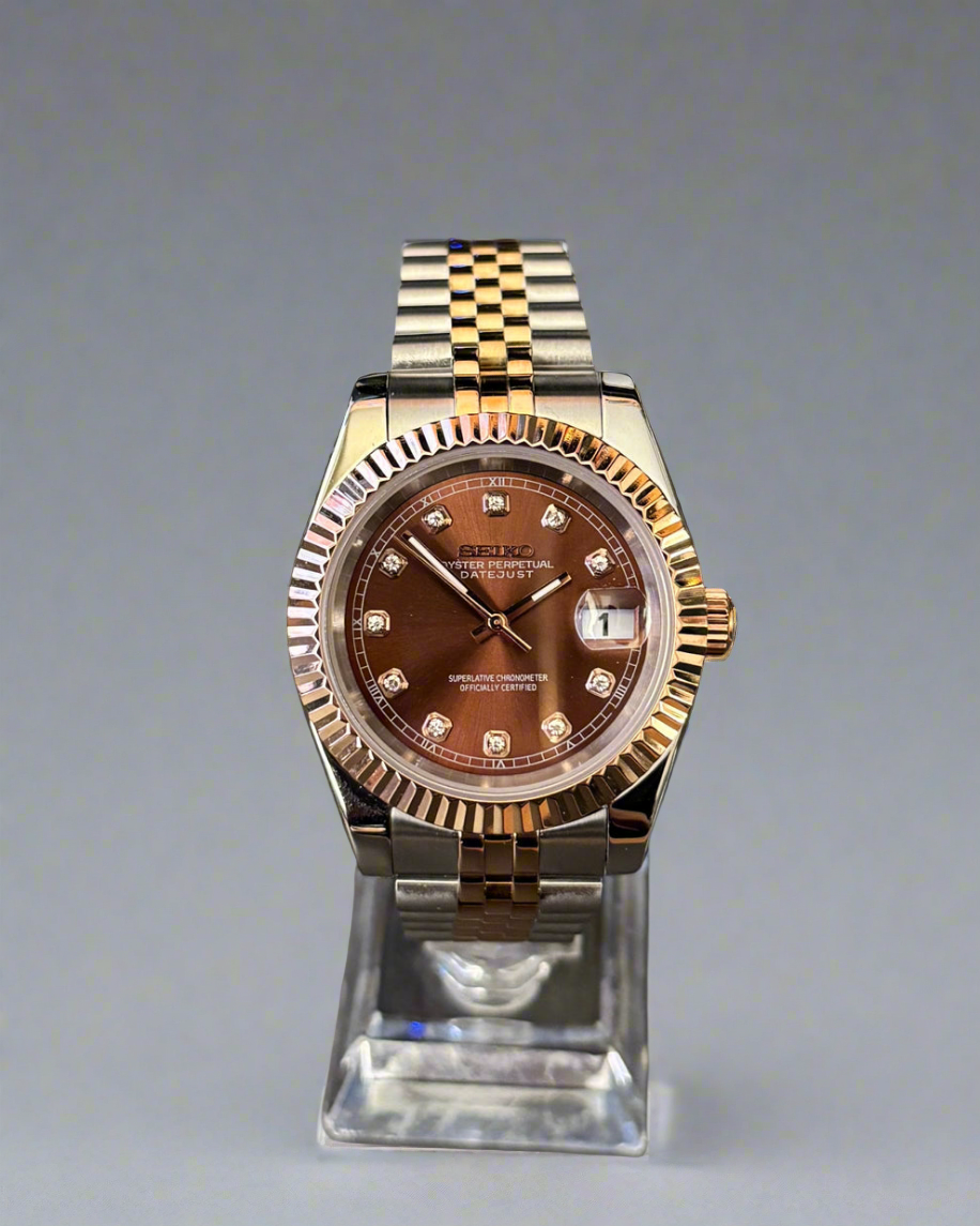Seiko Mod Seikojust Chocolate Sunburst Dial Auto | Sapphire | Jubilee în două culori | NH35