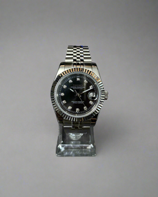 Seiko Mod Seikojust Black Diamond Dial Auto | Sapphire | Bezel canelat Jubilee | NH35